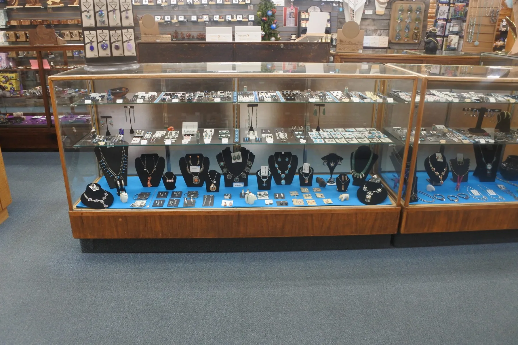 Jewelry display cases inside Wind River Trading Company