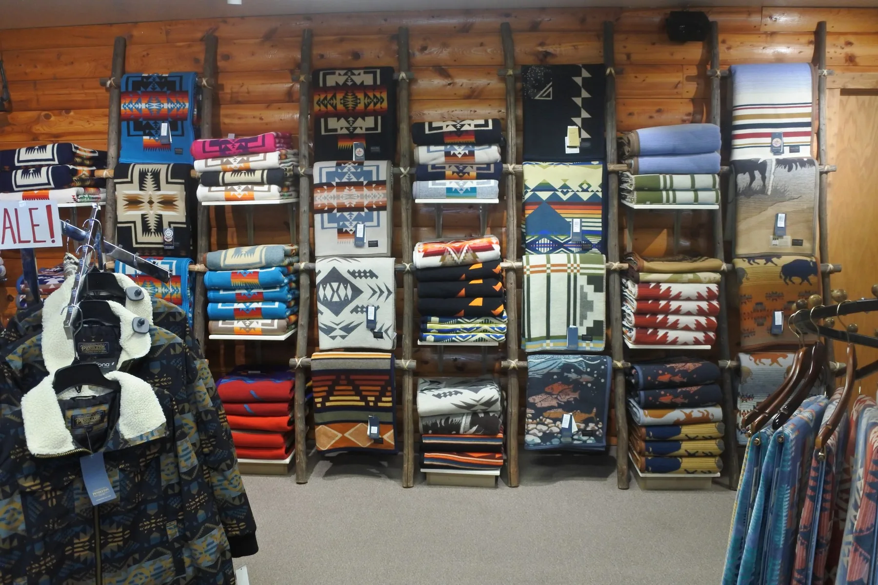 Pendleton blankets on display inside Wind River Trading Company