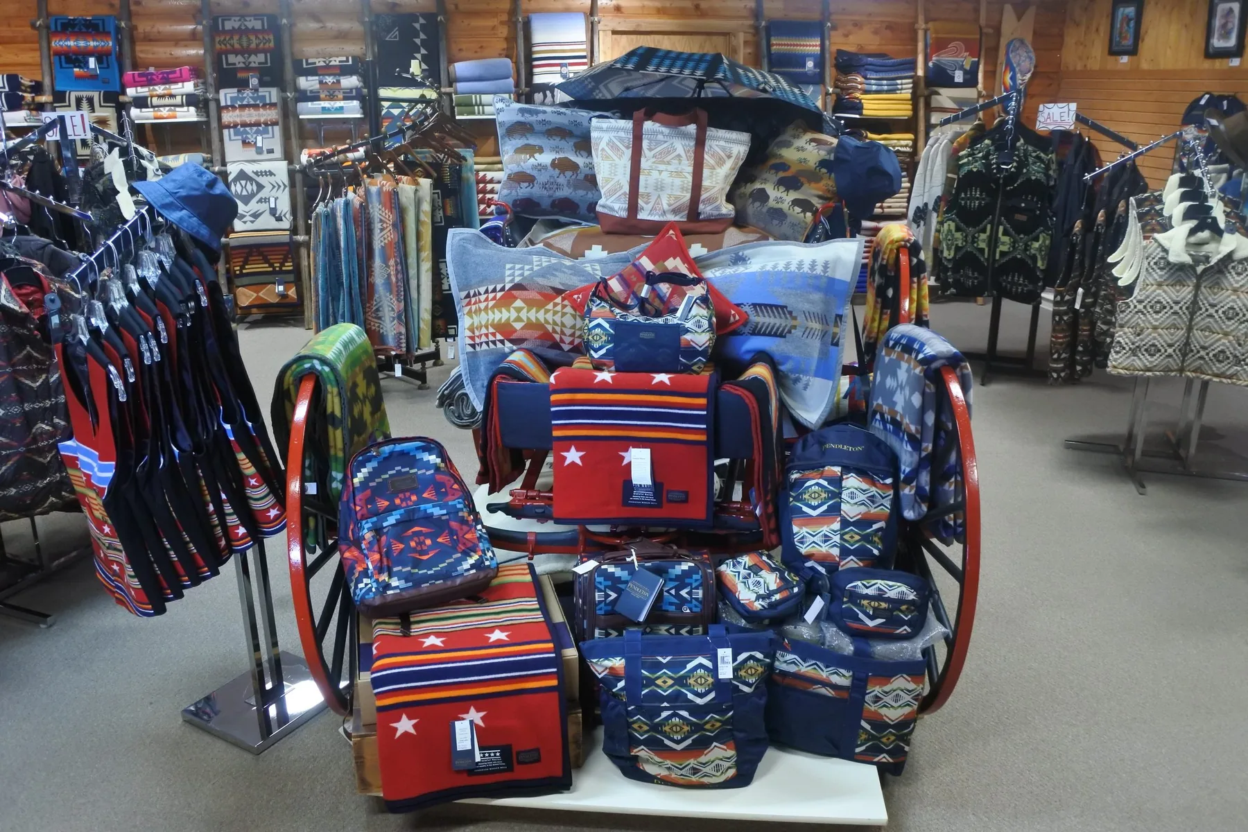 Pendleton blankets, bags, apparel, and accessories on display inside Wind River Trading Company